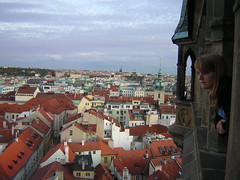 Jasmine Brubaker looks out of the Astronomical Clock Tower over the city of Prague.