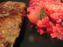 Beet risotto and beef tenderloin