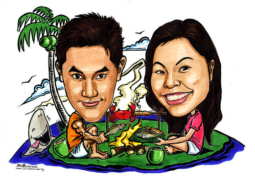 Couple caricatures BBQ on deserted island