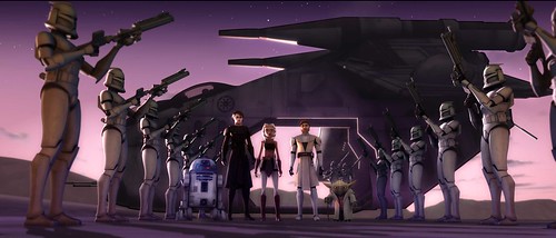 Clone troopers stand at attention for their Jedi commanders in a scene from STAR WARS: THE CLONE WARS.