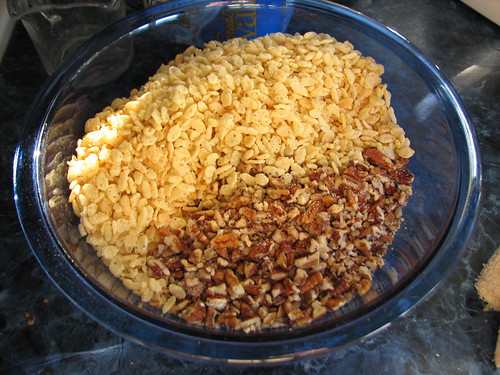 add rice crispies and pecans