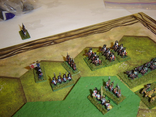 French lancers annihilated by Austrian battery, and isolated French infantry form square to await relief