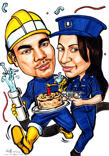 Couple caricatures Fireman Police Woman birthday