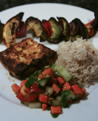 Cumin-Spiked Grilled Tofu with Rice, Grilled Veggies and Salad