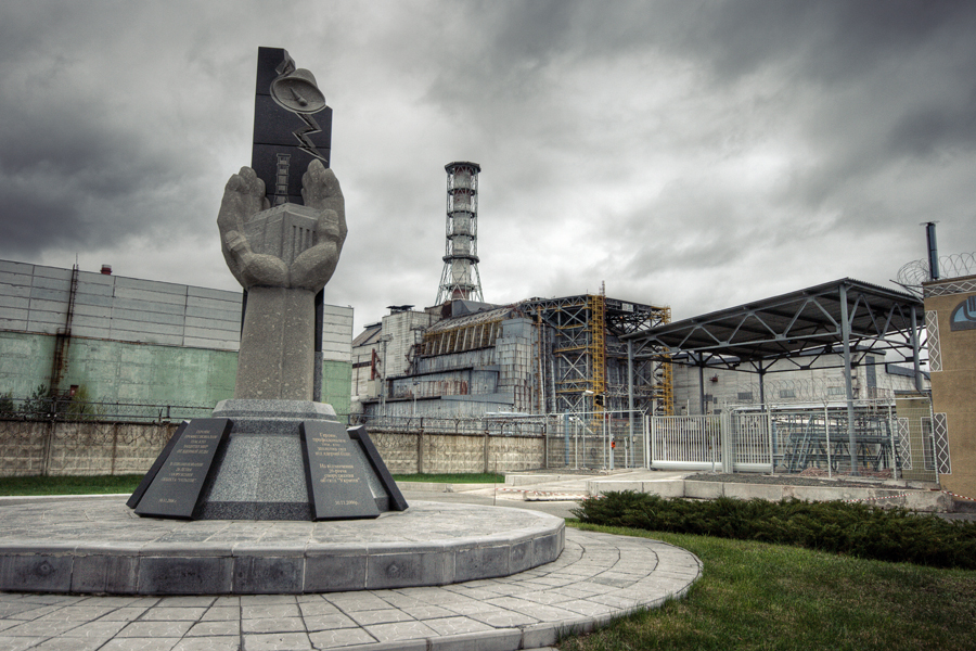 Chernobyl power plant with monument to the victims, photo: abandonia