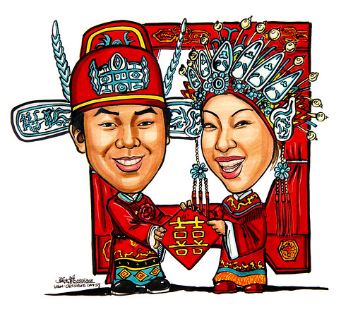 Couple wedding caricatures traditional Chinese wedding double happiness