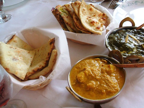Breads, fish goa curry, palak paneer