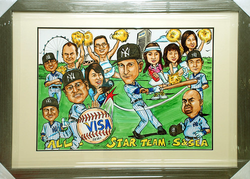 Caricatures VISA Yankees baseball colour framed