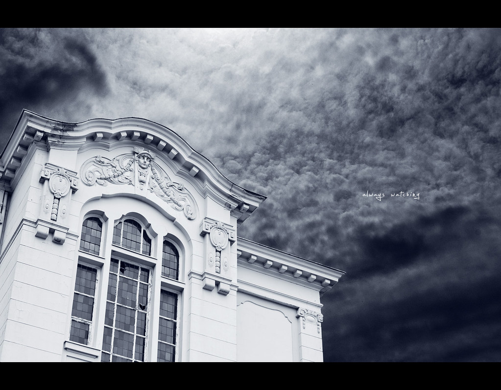 Project 365, Day 307, 307/365, old house, abandoned, lost, angel, watching, always watching, broken windows, church windows, sky, dramatic sky, dark, gloomy, Sigma 50mm F1.4 EX DG HSM, 50mm, 50mm, drama, contrast, black and white, b&w, sky, clouds, light, 