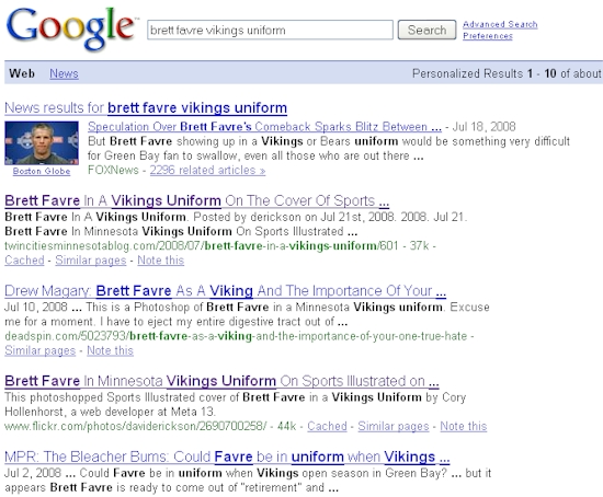 "Brett Favre Vikings Uniform" Google Search Results - 07/23/08