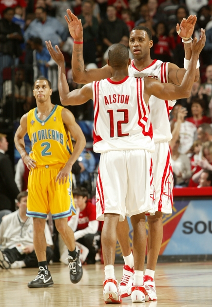 Tracy McGrady and Rafer Alston celebrate as the Rockets distance themselves from the New Orleans Hornets Saturday night and ultimately win 106-96.  McGrady and Alston combined for 61 points to extend Houston's winning streak to 18 games in one of the most exciting games of the season.  Unbelievable.