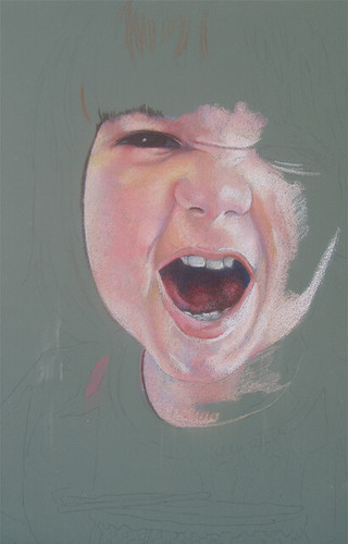 In progress photo of colored pencil drawing entitled Rawr!