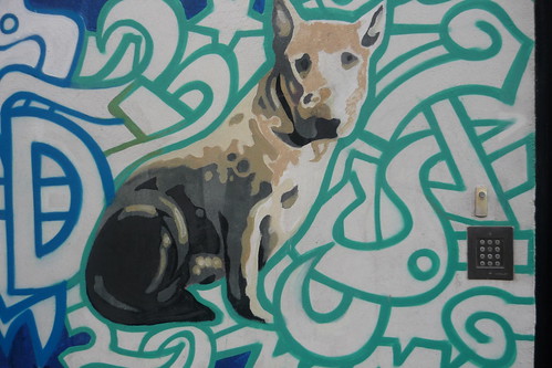 graffiti of a pit bull terrier sitting in the midst of blue and green line drawings
