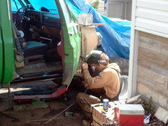 Bradley welding on his truck