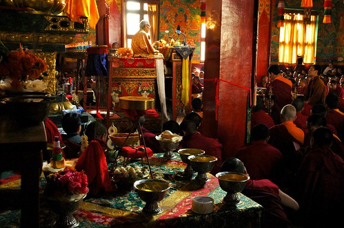 Vajrayogini Front Facing Shrine Mandala Offering, His Holiness Jigdal Dagchen Sakya leading the empowerment into practice, Tharlam Monastery, Boudha, Kathmandu, Nepal by Wonderlane