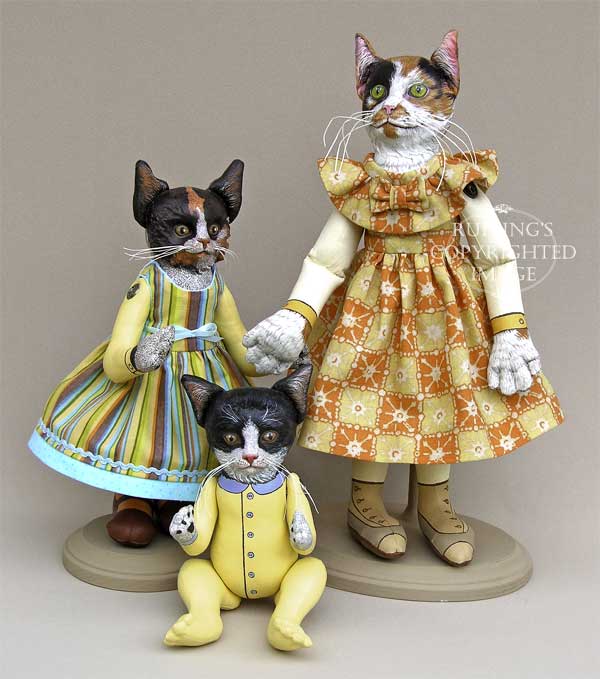 Fiona the Calico Kitten, Hedda, and Ziggy the Tuxedo Kitten Original One-of-a-kind Folk Art Dolls by Elizabeth Ruffing and Max Bailey