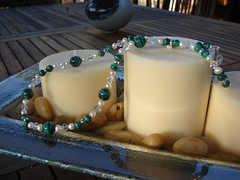 Malachite, cultured pearl and Swarovski crystal necklace