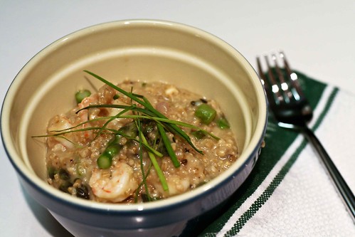 oat risotto with shrimp, asparagus & pecorino