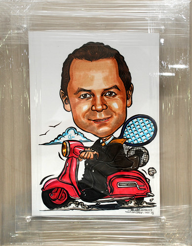 Caricature for Right Management pink scooter tennis soccer in acrylic frame