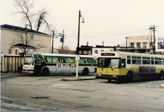 The Chicago Transit Authority bus terminal loop at West 63rd Place and South Kedzie Avenue. Chicago Illinois. December 1985.