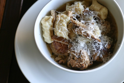 veal & lamb ricotta meatballs in shitake parmesan broth
