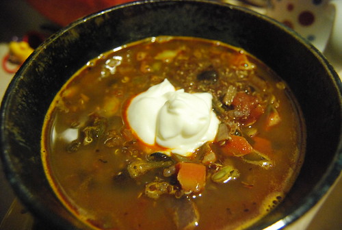 Vegetable soup with red quinoa and yogurt