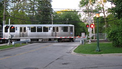 Southbound CTA purple line train departing from the Linden Avenue terminal. Wilmette Illinois. Early June 2009.