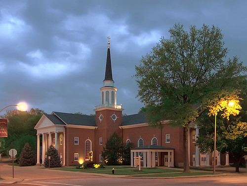 Saint Raphael the Archangel Roman Catholic Church, in Saint Louis, Missouri, USA - exterior at dusk
