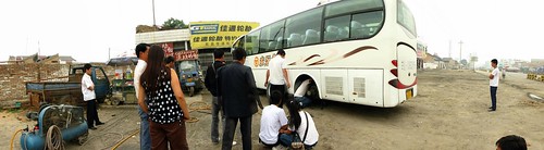 Bus has a puncture on the way to Xi'an, Shaanxi Prefecture, China