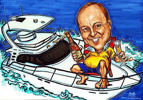 caricature on yacht with champagne for Hill Dickinson LLP