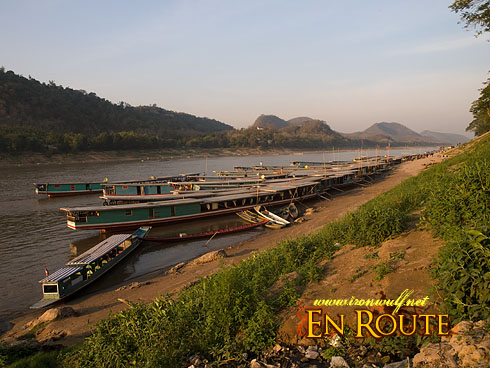 Luang Prabang Mekong River Parked Long Tail Boats