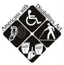 Square logo with international wheelchair symbol, person with cane, sign language hands, and ear with sound waves