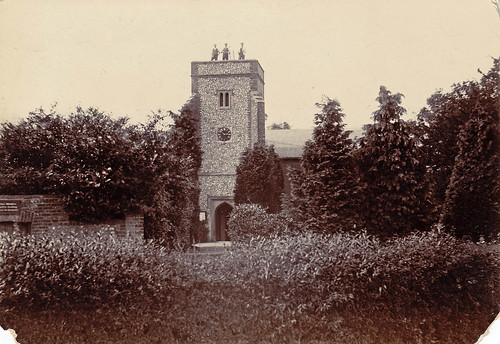 St Katherine's church, Knockholt, Kent, with three steeplejacks. 1890s