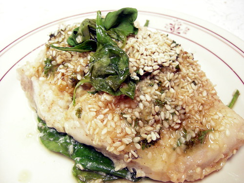 Catfish Roasted With Sesame Seeds, Basil, Garlic and Spinach