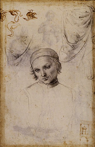 1501  Raphael    Studies for the Coronation of Saint Nicholas of Tolentino, verso  Black chalk  39,4x26,3 cm  Lille, Musйe des Beaux-Arts