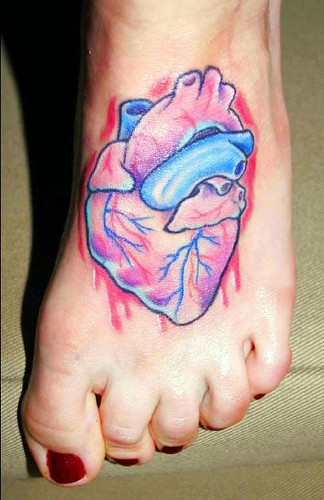 heart tattoo on foot. Anatomical heart tattoo on