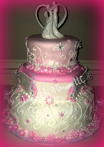 Pink and white fondant wedding cake 