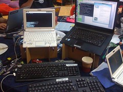 Desk of HackDay with CardboardLaptopStands