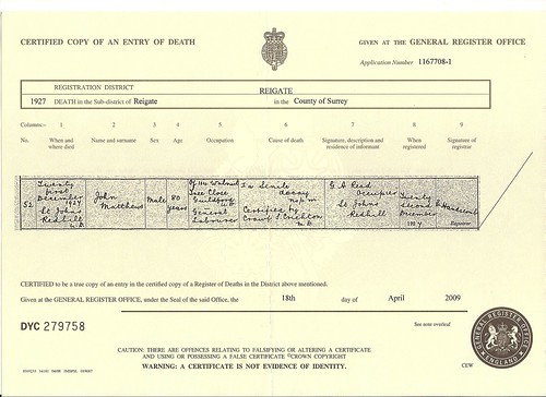 Death Certificate John Matthews 1848-1927