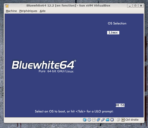 Lilo gérant le démarrage de la BlueWhite Linux