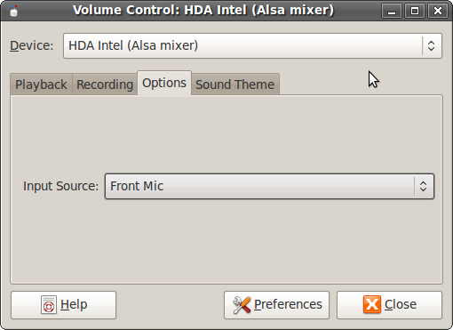 HDA Intel (Alsa mixer) Options Tab