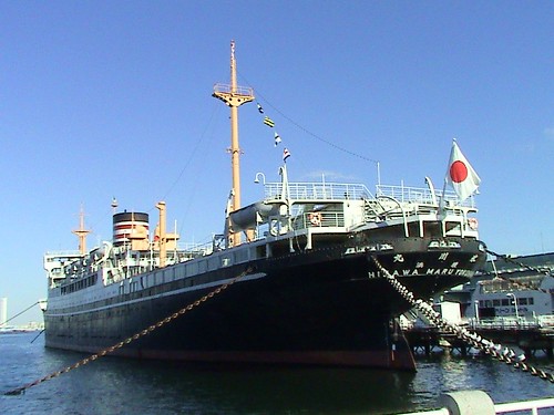 big japanese ship and seagulls