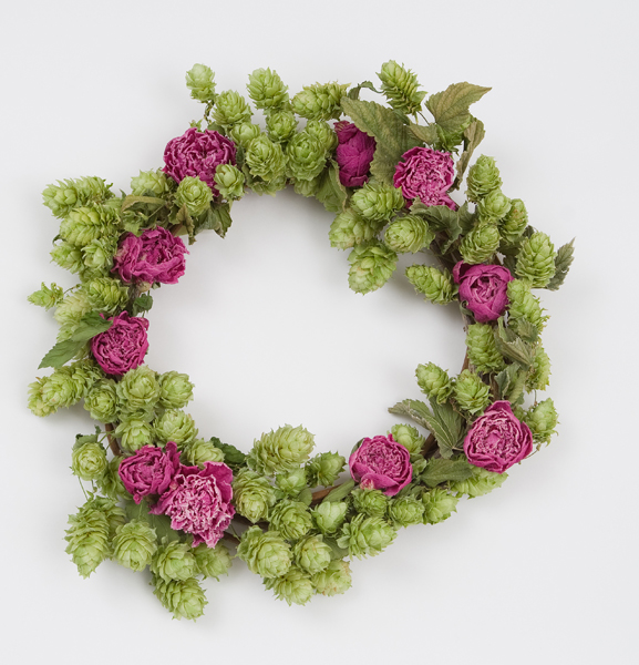 Wreath with hops and peonies by Elissa Shaffo