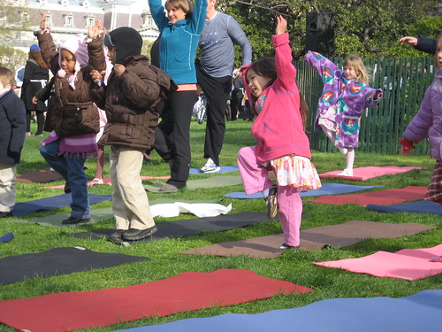 Kids learning yoga - tree pose