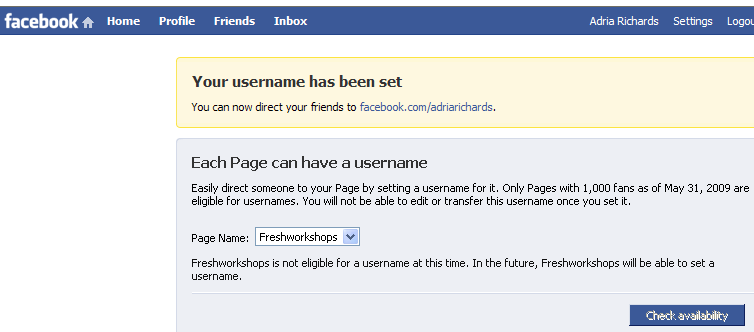 vanity Facebook URL registration page not eligible