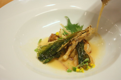 Teriyaki rabbit albondigas, teriyaki foie gras, miso, green Garlic tempura