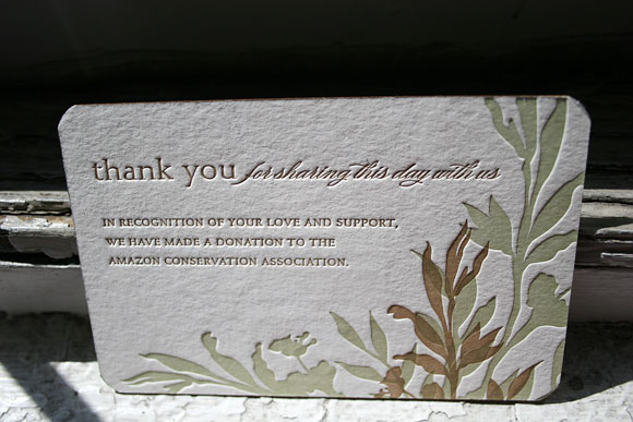 Letterpress wedding favor card - Amazon Conservation Association - printed by Smock 