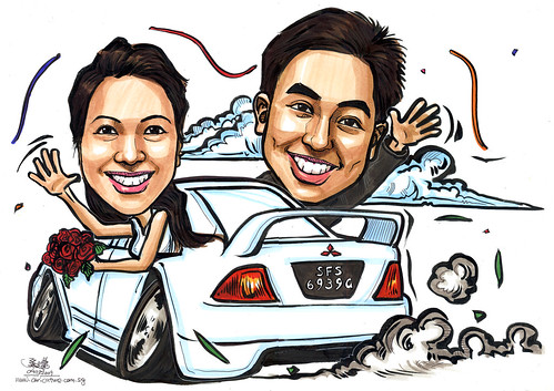Wedding couple caricatures on Mitsubishi Lancer A4