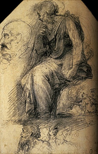 1508  Raphael    The Disputa, Study of a seated saint  Blackchalk and white chalk  38,7xx26,6 cm  otam