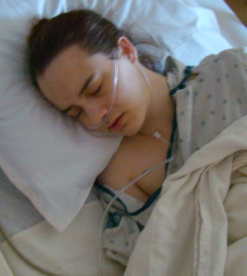 Casey sleeping in pain after surgery
